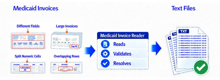 Invoice Reader reads and validates Medicaid invoices with different fields, large page counts, split numeric cells and overlapping rows, then produces text files.
